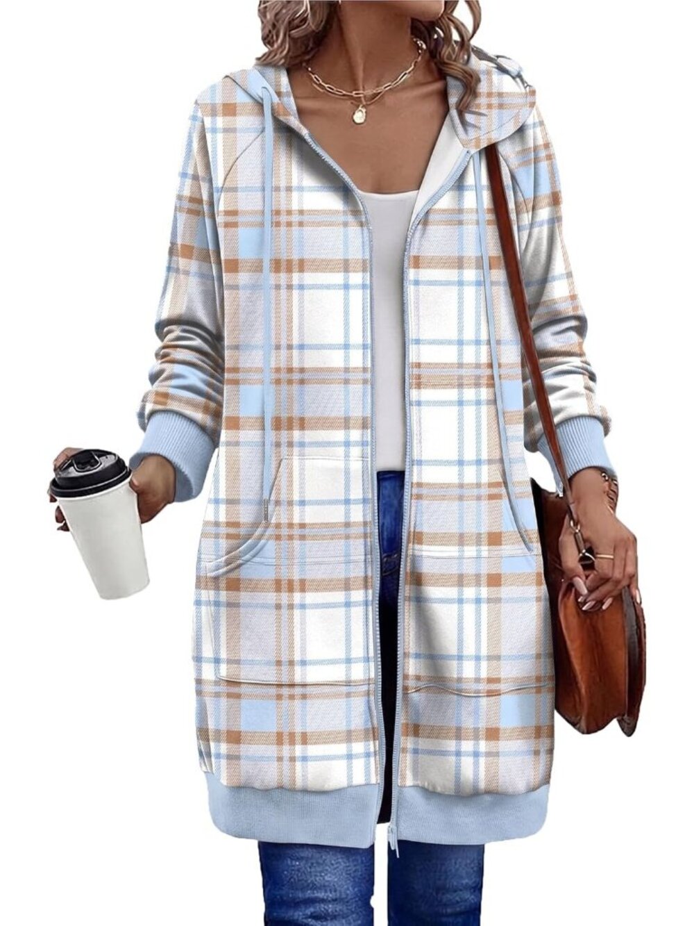 Women's White Blue Plaid Oversized Fleece Hoodie Full Zip Pocket Jacket Top